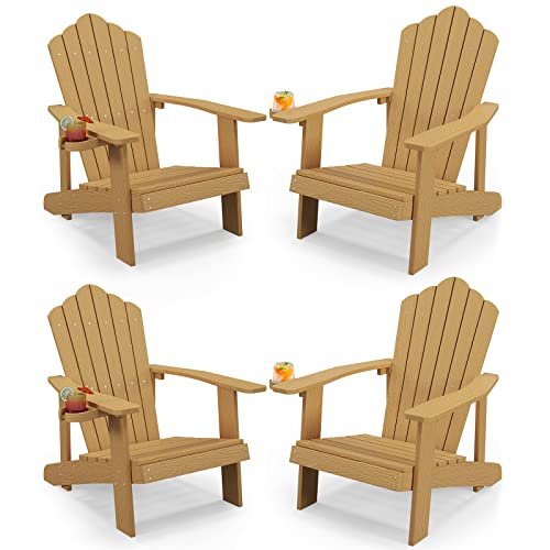 Image of Tangkula Oversized Adirondack Chair, Patio Lounge Chairs w /Adjustable Cup Holder, HIPS Armchairs Slatted Chair, Outdoor Weather Resistant Fire Pit Chair for Deck Backyard Garden Porch (4, Teak)