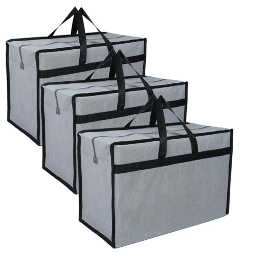 Image of Shibui Heavy Duty Extra Large Storage Bag, Moving Bag Tote, Blanket Clothes Organizer, Comforter, Bedroom closet, Room Essentials (Grey Canvas) (Pack of 3, Black)