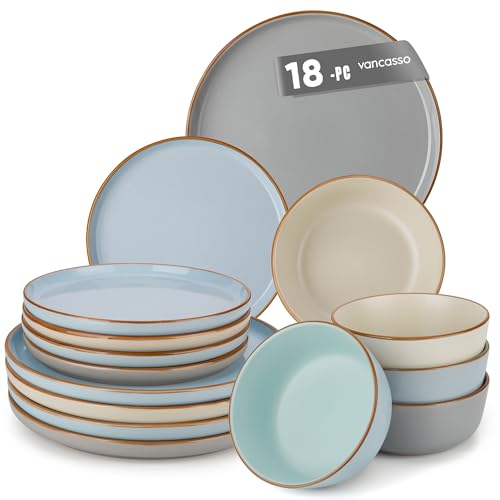 vancasso RENO Assittes Service de Table 18 Pièces pour 6 Personnes, Vaisselle en Grès - Assiettes Plates, Assiettes à Dessert et Bols - Adapté au Micro-Ondes -3...