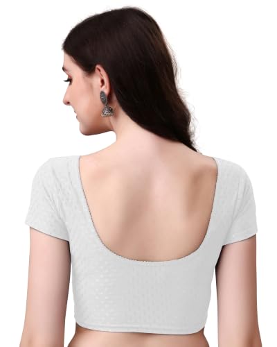 Image of Mogsa Women's Stretchable Dobby Cotton Lycra Saree Blouse | Readymade Stitched Blouse | Round Neck | Short Sleeve | Soft & Comfortable Ethnic Blouse for Saree Wear