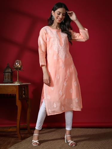 Image of Seva Chikan Hand Embroidered Lucknowi Chikankari Cotton Kurta Kurti for Women SCL4302