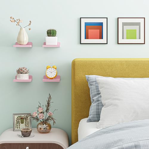 Image of Fixwal Small Floating Shelves for Wall Decor (Pink, Set of 4, 5Inch) | Rustic wood shelf for displaying mini frames, plants, collectibles. Fits bedroom, living room, bathroom, kitchen, or office.