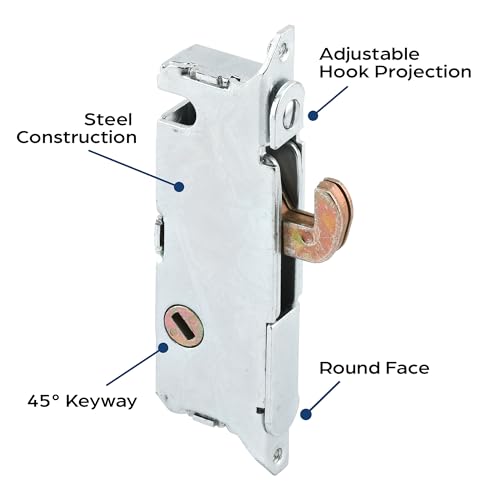 Image of Prime-Line E 2014 Mortise Lock - Adjustable, Spring-Loaded Hook Latch for Sliding Patio Doors Constructed of Wood, Aluminum and Vinyl, 3-11 /16 In., 45 Keyway, Round Face (Single Pack)