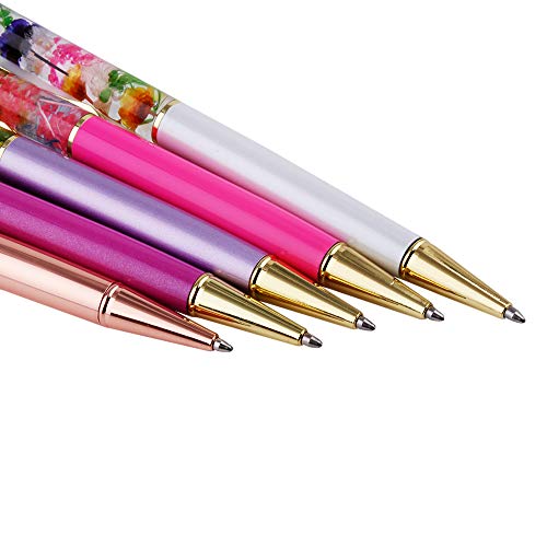 Ballpoint Pens, 5 Pieces Rose Gold/White/Purple/Rose Red/Dark Purple Metal Ball Pen refillable Refills Black Ink Herbarium Floral Pens for Office Supplies - Thumbnail 3