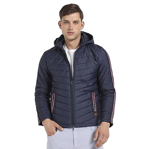 Image of Campus Sutra Men's Dark Blue Quilted Puffer Jacket With Contrast Striped Sleeve For Casual Wear | Hood Neck | Long Sleeve | Zip Closure | Polyester Jacket Crafted With Comfort Fit For Regular Wear