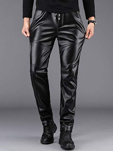 Men`s Elastic Waist Drawstring Faux Leather Pants Joggers with Side Zipper Pocket2