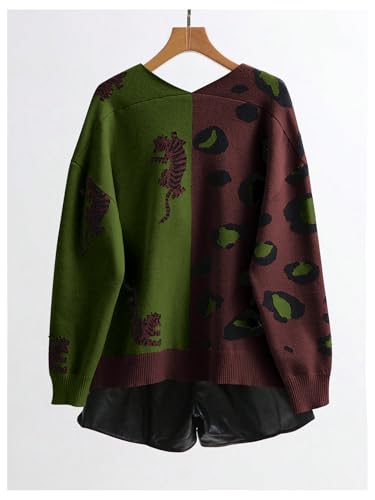 Image of WDIRARA Women's Leopard Tiger Print Cardigan V Neck Long Sleeve Color Block Button Down Sweater Outwear