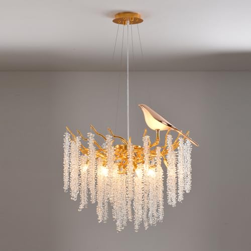 Modern Crystal Chandelier, Tree Branch Design, 24-Inch 10-Lights Gold Round Raindrop Hanging Pendant Light for Dining Living Room Entryway Foyer Stairway Bedroom Hallway