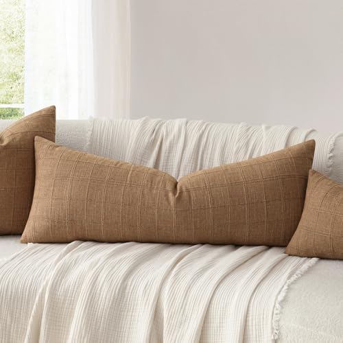Image of Foindtower Set of 1 Decorative Linen Check Throw Pillow Cover Neutral Farmhouse Lumbar Cushion Cover Soild Modern Boho Home Decor for Sofa Chair Couch Bedroom Living Room,14x36 Inch,Brick