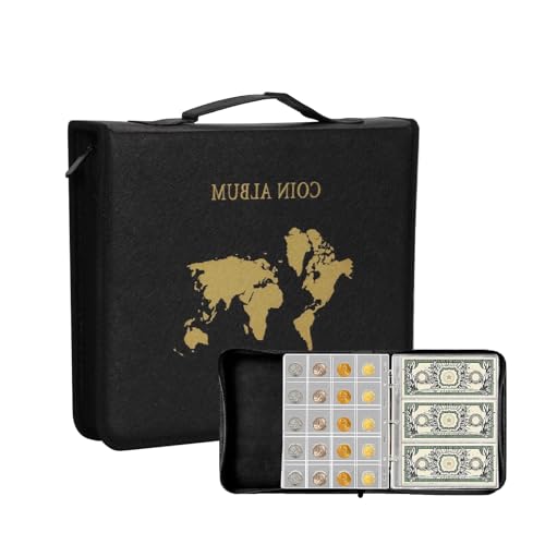 Álbum para Colección de Billetes y Monedas de Cuero,Album de la coleccion de Monedas,Contiene 240 Bolsillos para Monedas y 30 Bolsillos para Billetes,Álbum para Suministros de Colección Bills