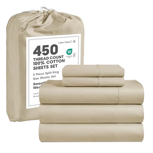 Image of LANE LINEN Split King Sheets Set for Adjustable Beds - 5 PCs, 450 Thread Count Split King Sheets Set - Sateen King Split Sheets for Adjustable Bed - Split Top King Sheet Set for Beds - Linen