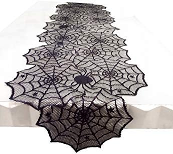 Tonfant Black Lace Table Runner Overlay with Spider Web and Mat for Halloween Party,Easter,Fireplace and Mantle Cover Decoration (74 x18, Black)