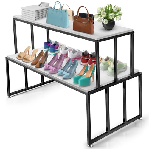 CIVANA 2-Tier Display Table with White Wood Top & Black Metal Frame Heavy-Duty Retail Display Stand for Boutique Shoes & Handbag Display Stand Store Display & Home Storage Shelves Retail Shelving