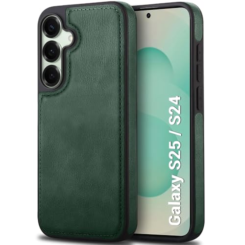 Image of TheGiftKart Genuine Leather Finish Back Cover Case for Samsung Galaxy S25 / S24 5G | Raised Edges for Camera & Screen Protection | Stunning Minimalist Design Back Case Cover (Black Sides, Green)