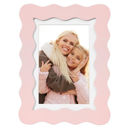 NWDCLF 5x7 Cute Picture Frame Wavy Curved Photo Frame with 4x6 Mat and Real Glass Unique Funky Frame for Table and Wall Display Home Office Desk Decoration Art Baby Girl Gift (5x7 Light Pink)