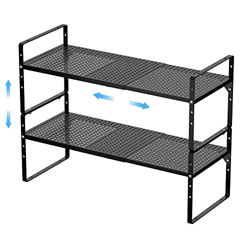 Image of GEDLIRE Expandable Kitchen Cabinet Shelf Organizers 2 Pack, Stackable Metal Pantry Storage Shelves Rack, Adjustable Counter Shelf for Cabinets, Countertop, Cupboard Organizers and Storage, Black