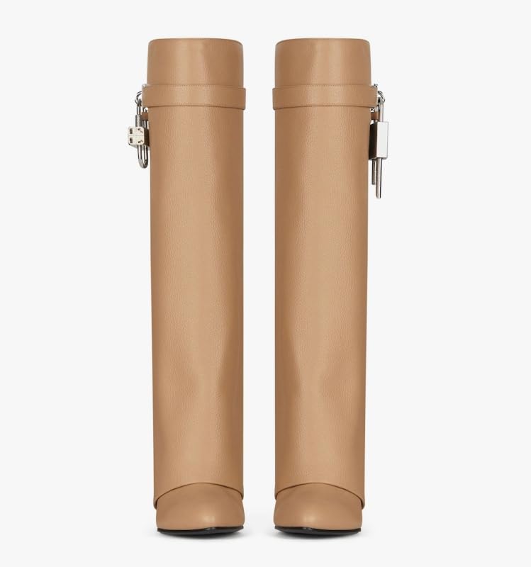 WILDKATZEN Women's Knee High Boots Fold over Wedges Boot Padlock Long Boots3