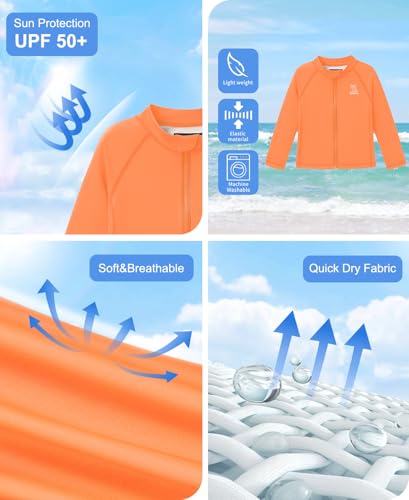 Image of BesserBay Baby Toddler Kids Rashguard Top UPF 50+ Long Sleeve Swim Shirt Zip Up Thumb Holes UV Jacket 12 Months-6 Years