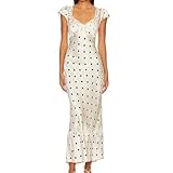 Women Sexy Lace Patchwork Mesh Dress Summer Floral Print Cutout Sweetheart Neck Back Button Maxi Dress(Lace White, S)