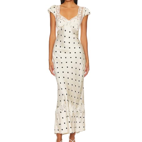 Image of Women Sexy Lace Patchwork Mesh Dress Floral Print Cutout Sweetheart Neck Backless Slit Summer Maxi Dress