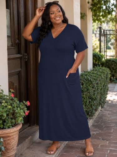 Image of Plus Size Maxi Dress for Women Short Sleeve V Neck Casual Loose Sundress with Pockets