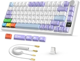 YINDIAO Ajazz AK820PRO Klawiatura Mechaniczna z TFT Inteligentnym Wyświetlaczem i Pokrętłem,Wireelss 2.4G/BT5.1/USB-C,Układ ANSI 75%,Hot-Swap,z Cable Spiralnym Pro i 5 PBT Keycap,do PC,MAC (Purple)