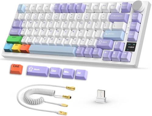 YINDIAO Ajazz AK820 PRO Mechanische Tastatur mit TFT Smart Display und Knopf, 2,4G Kabellos/BT5.1/USB-C Verkabelt,75% ANSI-Layout,Hot-Swap,mit Pro-Spiralkabel und 5 PBT-Tastenkappen,für PC,MAC (Lila)