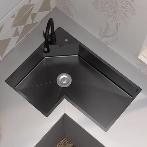 JHNKOJ L-Shaped Corner Kitchen Sink, Modern Single Bowl with Faucet,