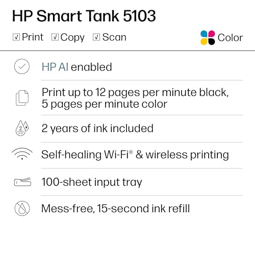HP Smart Tank 5103 Wireless All-in-One Ink Tank Printer, Scanner,2 Years of Ink, 100 Sheets of Photo Paper Included, Cartridge-Free, Refillable, AI-Enabled (5D1B2A) by HP - Image 7