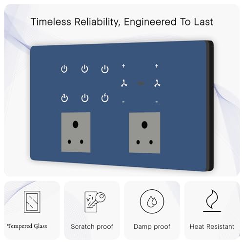 Image of IOTICS Smart Wifi Switch Board: 6 x Switch, 2 Fan & 2 Smart Plug Module. Touch Control, Remote, App Control. Voice Control with Alexa & Assistant. Smart Touch Switch Board For Home Automation (Blue)