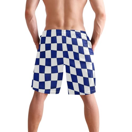 Navy Blue and White Checkered Plaid Shorts for Men Lined Board Shorts Swim Trunks 8”/ 9” Long XL Plus Size Swimming3