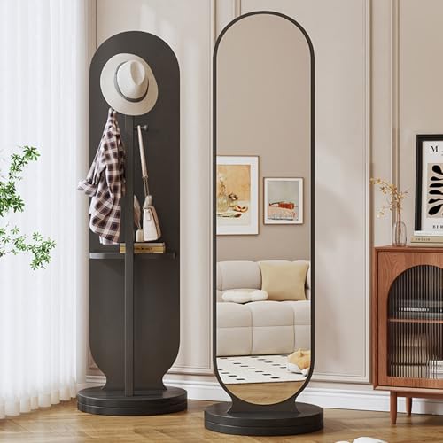 Espejo Giratorio De Cuerpo Entero De 360° con Perchero, Espejo De Piso De Madera Maciza 2 En 1 Espejos Largos para Dormitorio, Sala De Estar