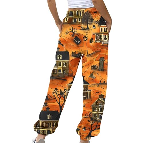 Womens Halloween Sweatpants Pumpkin Face Print Loose Pants Fashion Elastic Waist Drawstring Jogging with Pockets4