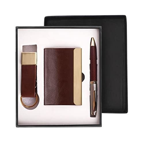 Image of Gift Set with Metal Pen, Magnetic Business /Credit Card Holder and Metal Leather Keychain | Men Gift Items | Birthday Gift Hamper for Boyfriend /Husband /Brother (Brown)