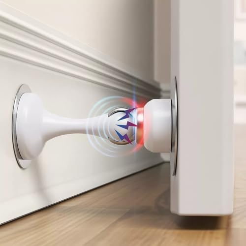 Premium Magnetic Door Stop - Heavy Duty Floor Mounted Doors Stoppers for Walls & Floors - Strong Magnetic Catch Adhesive Fitting Wall Protector Chrome Door Stop (Multi Colors) (White)