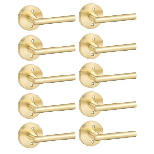 Image of Goldenwarm 10 Pieces Gold Dummy Door Handle, Non-Turning Brushed Gold Door Handles for Bifold Closet Doors, Single Side Lever Heavy Duty Round Modern Door Handle