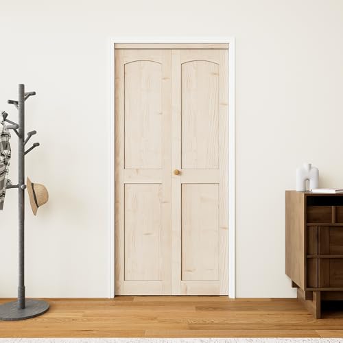 Pine Wood Unfinished Solid Core Shaker Bi-Fold Door with Installation Hardware Kit,30" x 80"