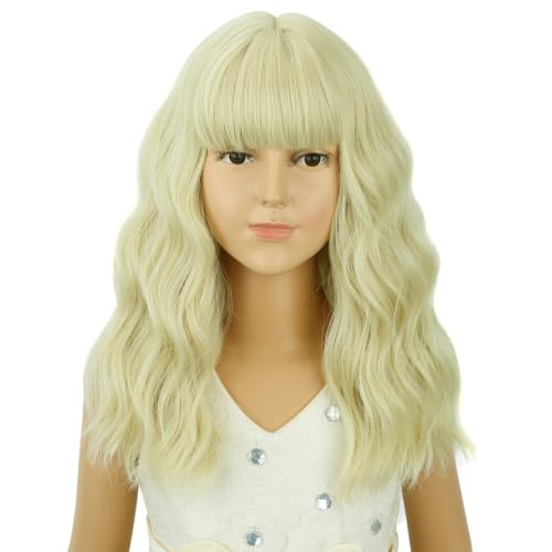 Image of Kids Light Blonde Wig Girls Short Blonde Wavy Curly Wigs Child Wig with Air Bangs Synthetic Cosplay Hair Wigs
