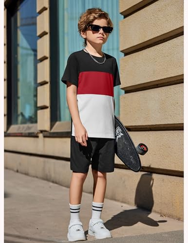 Image of Arshiner Boys' 2-Piece Cotton Outfit Color Block T-Shirt and Shorts Set Summer Camo Clothes for Kids 5-14 Years