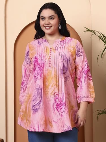 Image of Yash Gallery Women's Wrinkle Free Printed Short Kurti Mandarin Collar with Pintuck Pleats 3 /4th Sleeve