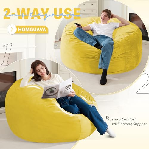 Homguava 4 FT Bean Bag Chair: 4' Bean Bags with Memory Foam Filled, Large Beanbag Chairs Soft Sofa with Dutch Velvet Cover-Mustard