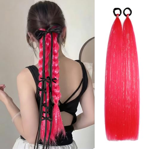 CenXRui Pink Hair Extensions with Tinsel, 26" Long Sparkly Colorful Braiding Hair for Softball, Cheer & Spirit Week, Reusable Colored Hair Extensions for Crazy Hair Day, 2 Pack (Hot Pink)