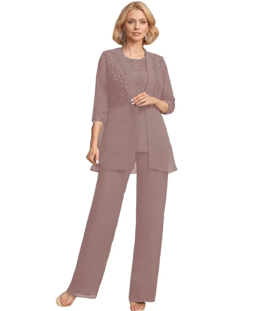 3 Pcs Mother of The Pantsuits Sparkly Sequin Formal Pant Suits Lace Applique Chiffon Evening Jumpsuits with Jackets