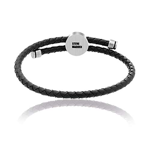 Steve Madden Stainless Steel Black Leather Wrap Bracelet for Men