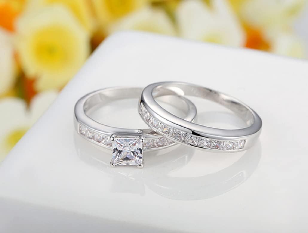 3ct 925 Sterling Silver Princess Clear Cubic Zirconia Engagement Rings Wedding Band Set Gifts Ring for Women