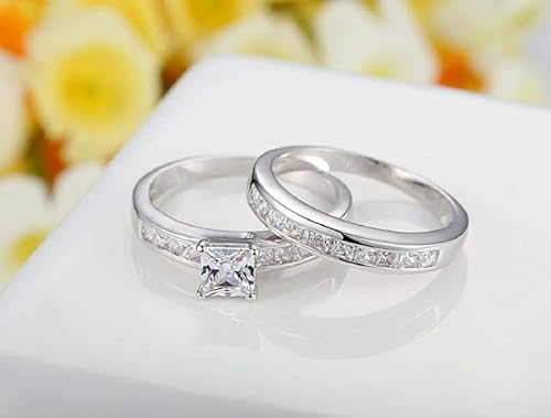 Miniatura 2 de Juego de anillos de compromiso de plata de ley 925 de 3 quilates con circonita cúbica transparente, anillo de regalo para mujer