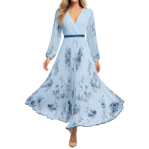 Women's Floral Pleated Maxi Dress V Neck Long Sleeve Elegant