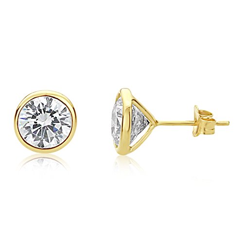 Solid 14K Gold Earrings Round Cz Stone Martini Setting Bezel Stud Earrings (6Mm, 7Mm) #TOP5