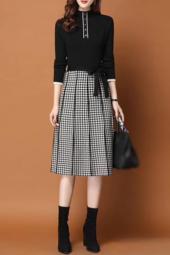 Image of LAI MENG FIVE CATS Women's Elegant Long Sleeve Sweater Plaid Knit Pullover Fall Midi Dress