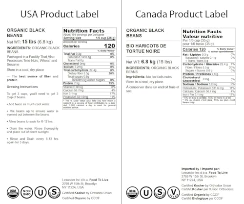 image for Food to Live - Organic Black Beans, 15 Pounds Non-GMO, Whole Dried Bea